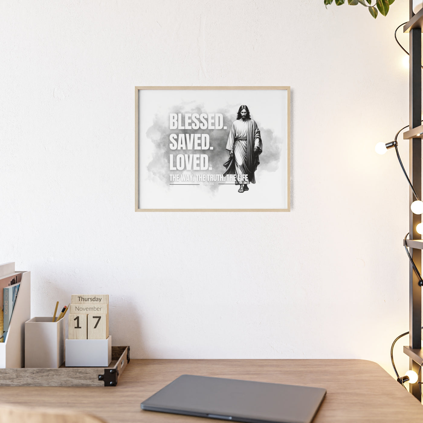 Inspirational Jesus Wall Art - Blessed, Saved, Loved - Framed Poster
