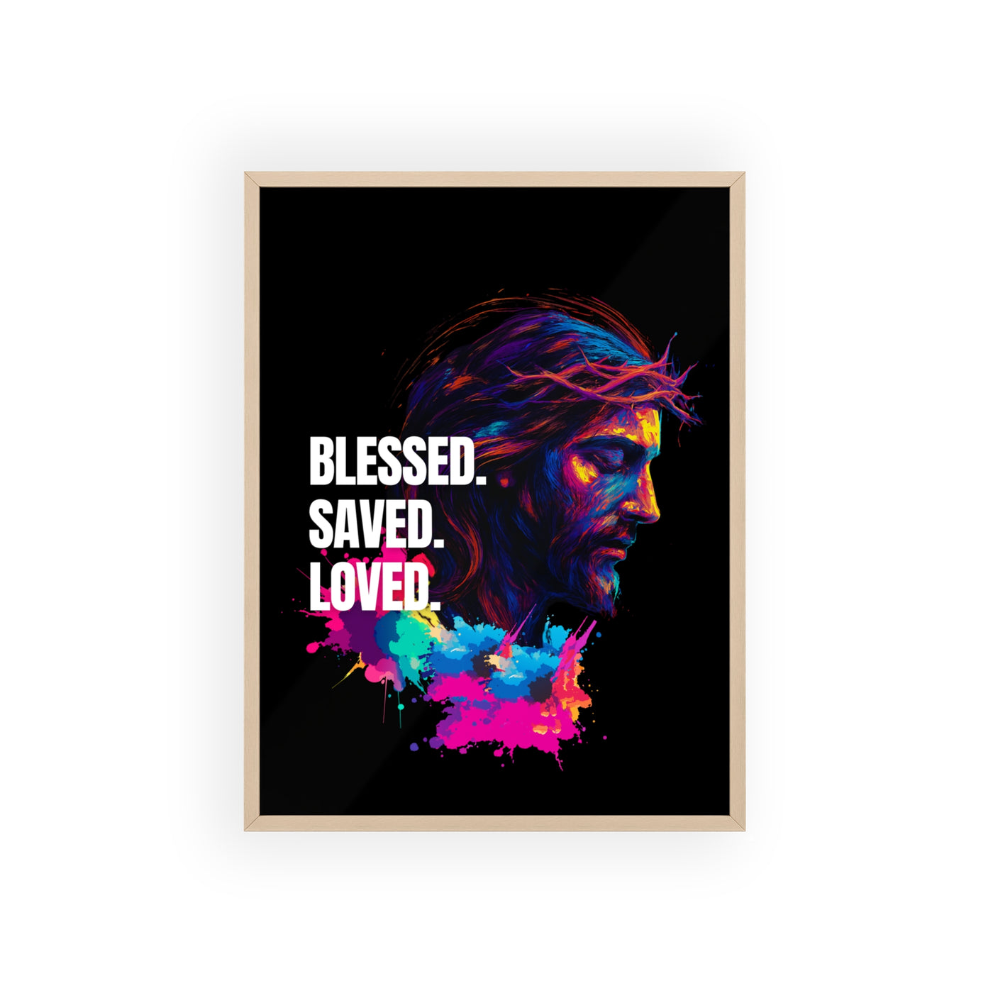 Inspirational Jesus Wall Art - 'Blessed, Saved, Loved' Poster with Wooden Frame 