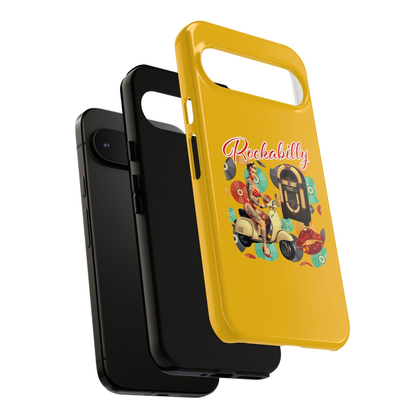 Rockabilly Phone Case, Vintage Scooter Design, Retro Style Cover, Fun Gift for Music Lovers, Yellow Tough Cases