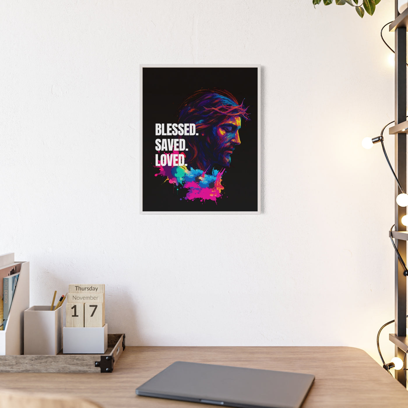 Inspirational Jesus Wall Art - 'Blessed, Saved, Loved' Poster with Wooden Frame 