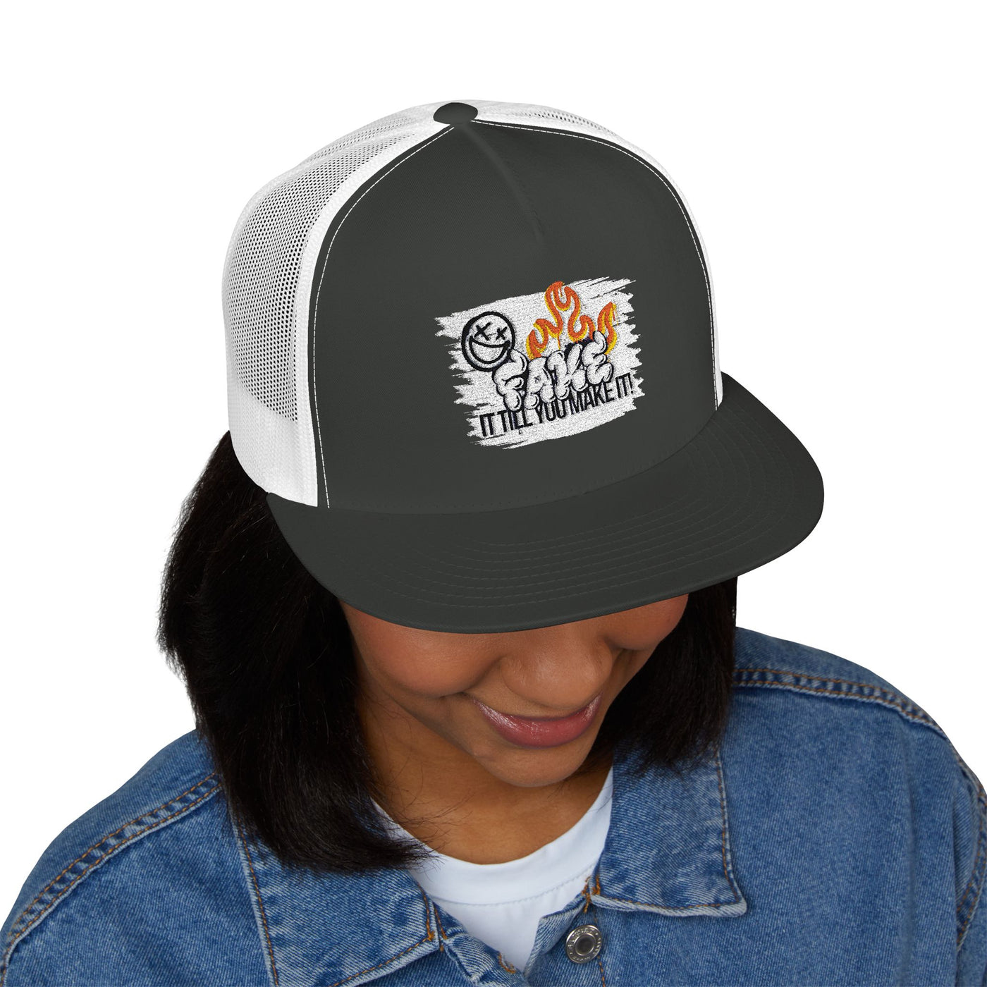 Embroidered 5 Panel Trucker Cap - Fake it til you make it