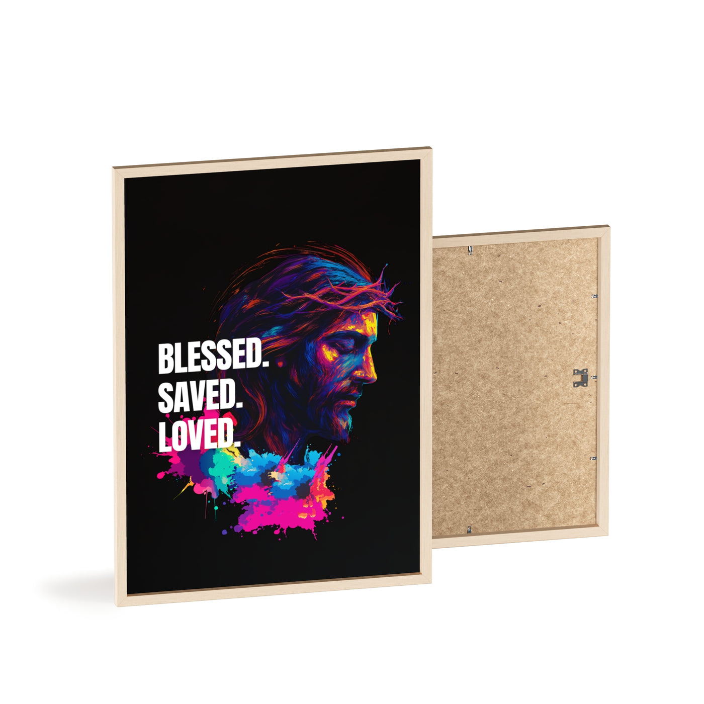 Inspirational Jesus Wall Art - 'Blessed, Saved, Loved' Poster with Wooden Frame 