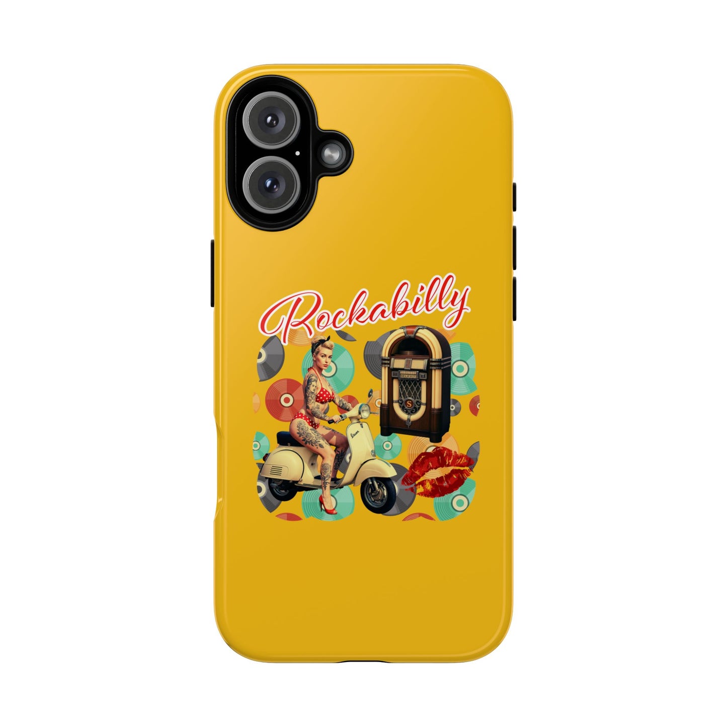 Rockabilly Phone Case, Vintage Scooter Design, Retro Style Cover, Fun Gift for Music Lovers, Yellow Tough Cases