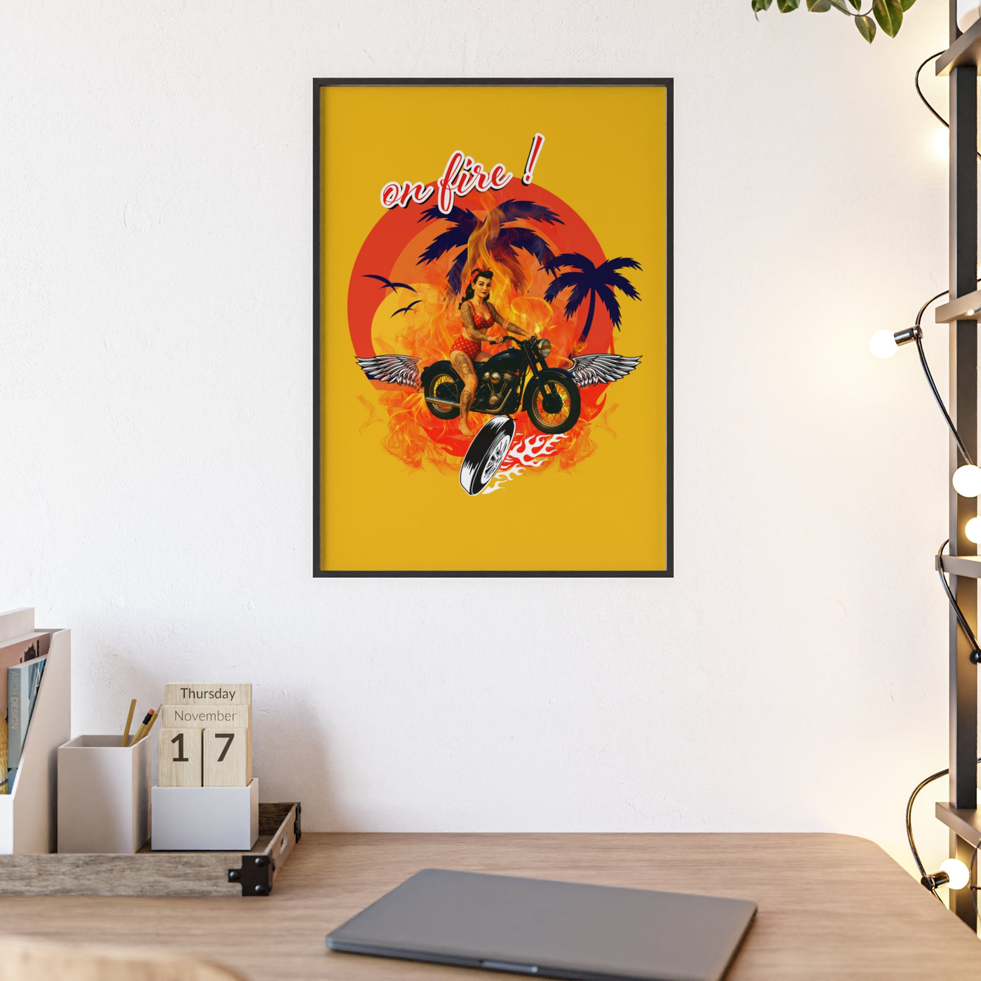 Vibrant Motorcycle Poster with Wooden Frame | Retro Wall Art for Bikers