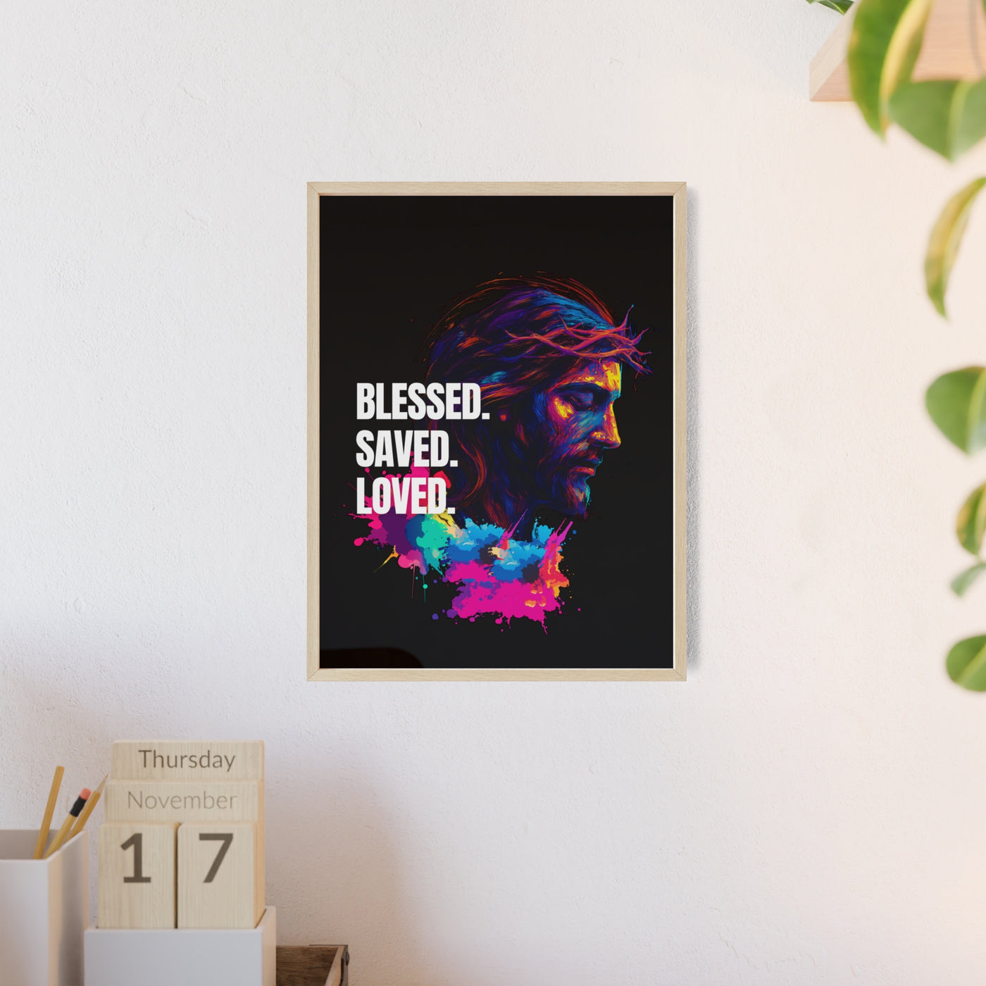 Inspirational Jesus Wall Art - 'Blessed, Saved, Loved' Poster with Wooden Frame 