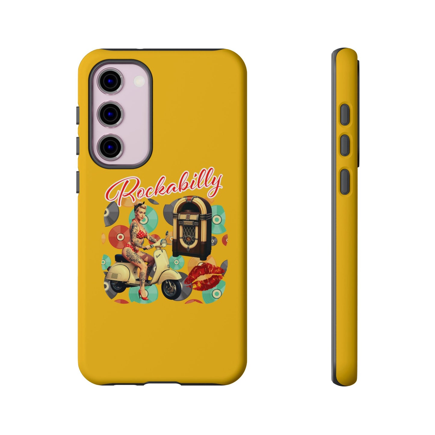 Rockabilly Phone Case, Vintage Scooter Design, Retro Style Cover, Fun Gift for Music Lovers, Yellow Tough Cases