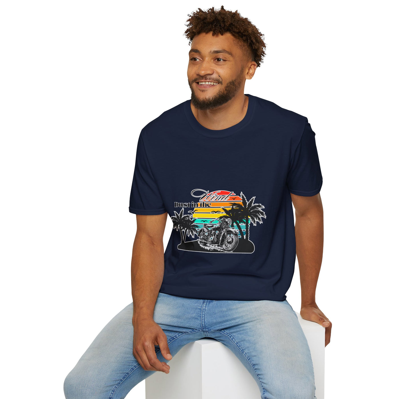Dust in the Wind Unisex Jersey Tee – Retro Motorcycle & Palm Trees Design