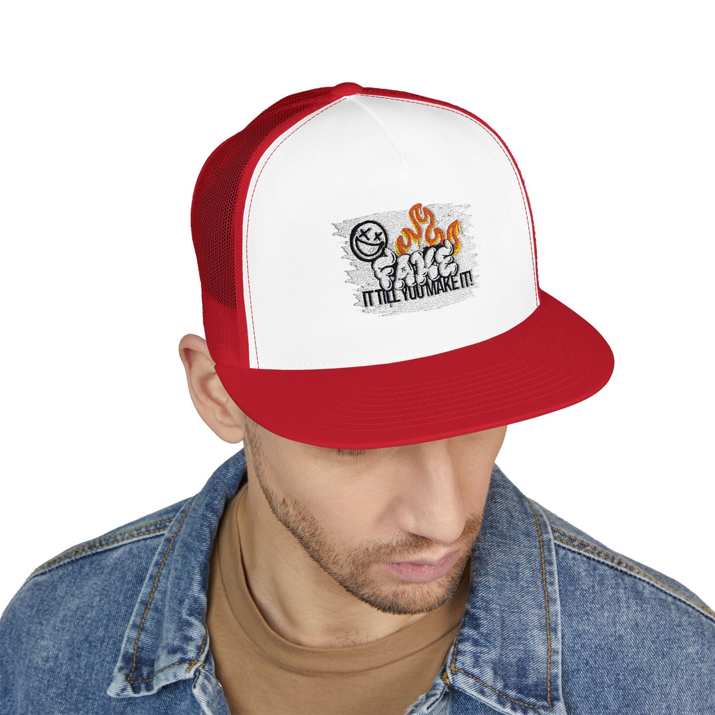 Embroidered 5 Panel Trucker Cap - Fake it til you make it