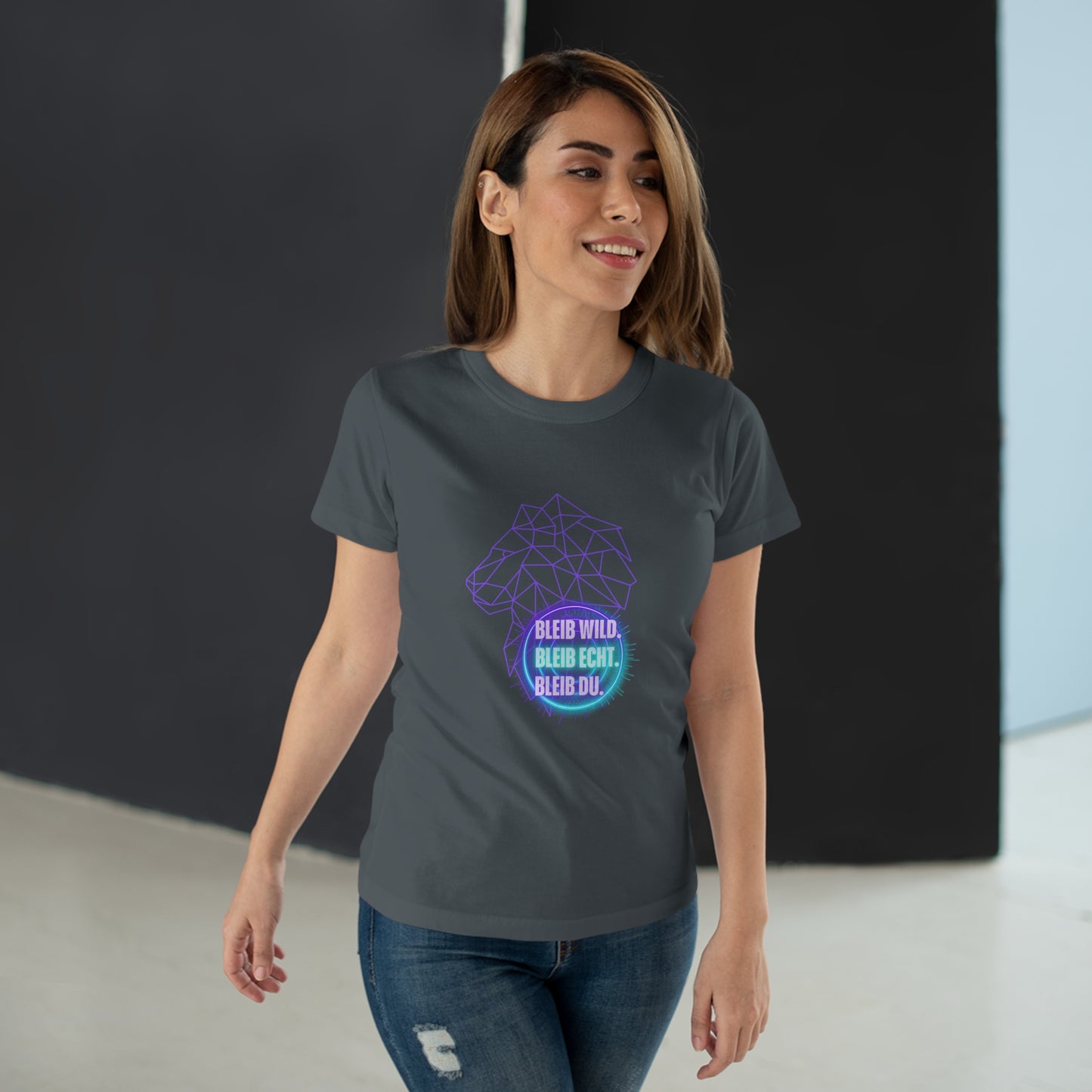 Women's Inspirational Lion T-Shirt - 'Bleib-Wild, Bleib-Echt, Bleib-Du' Design