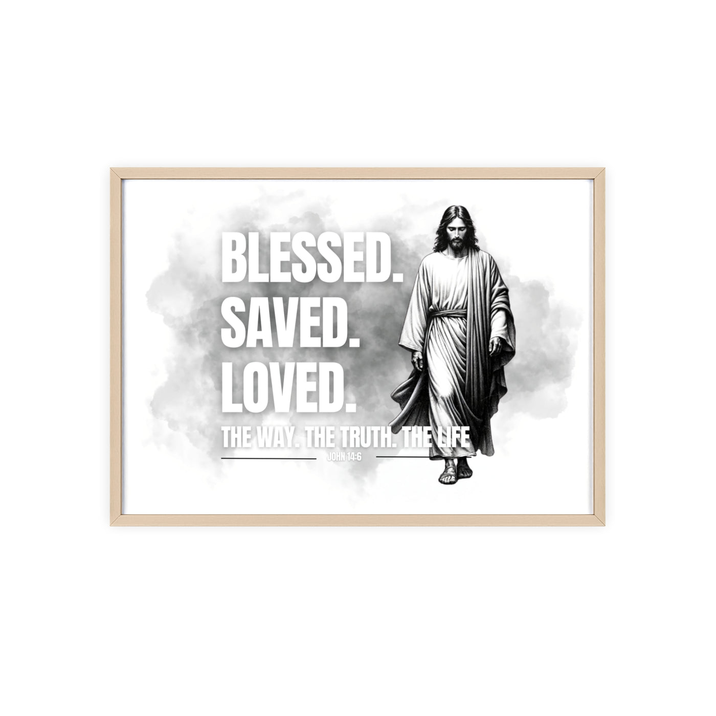 Inspirational Jesus Wall Art - Blessed, Saved, Loved - Framed Poster