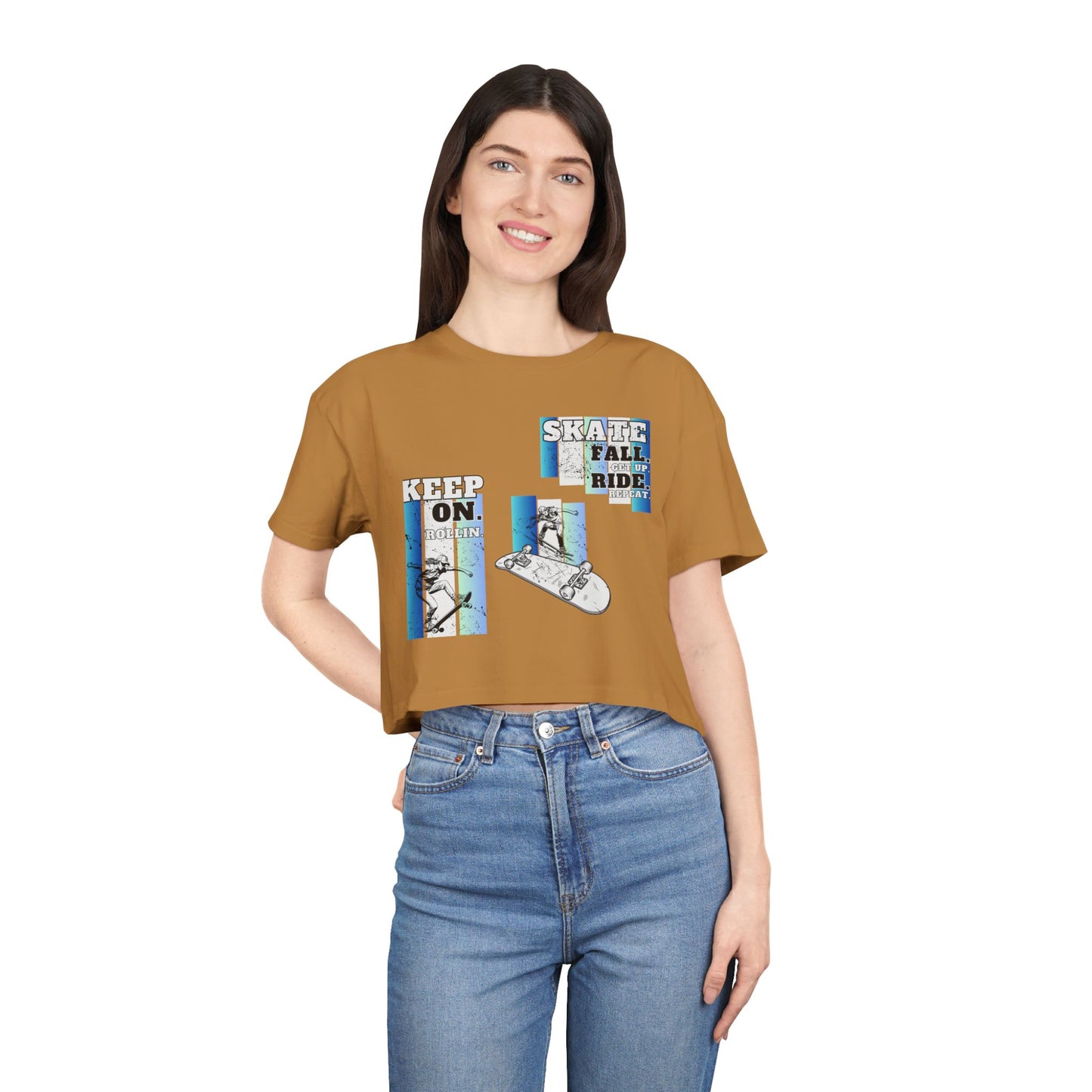 Skateboarding Women's Crop Tee - Keep On Skatin' &amp; Fall Ride Graphic T-Shirt