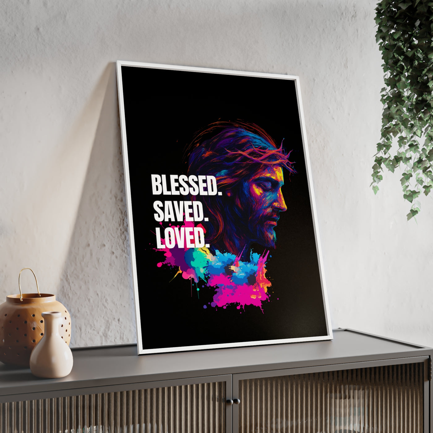 Inspirational Jesus Wall Art - 'Blessed, Saved, Loved' Poster with Wooden Frame 