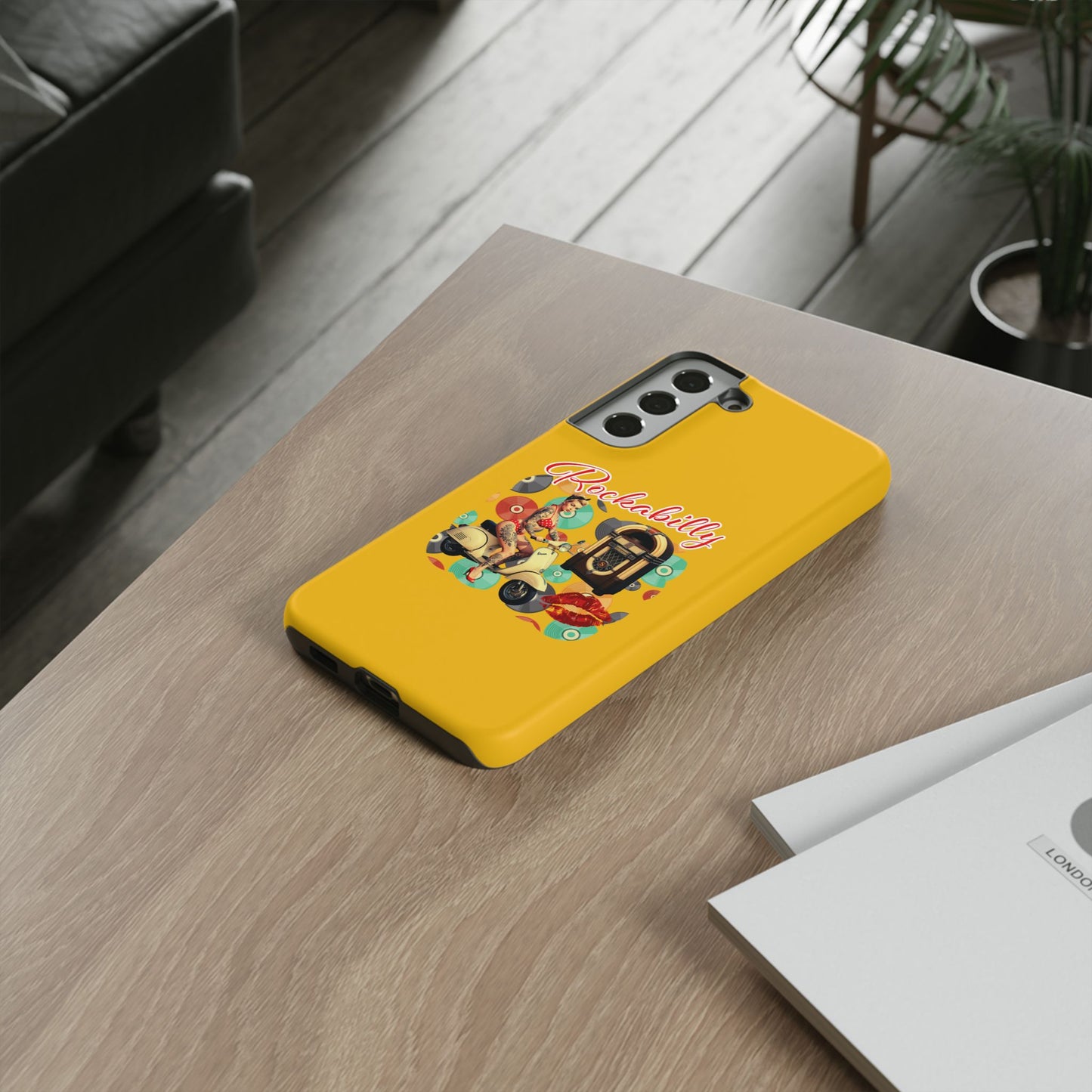 Rockabilly Phone Case, Vintage Scooter Design, Retro Style Cover, Fun Gift for Music Lovers, Yellow Tough Cases