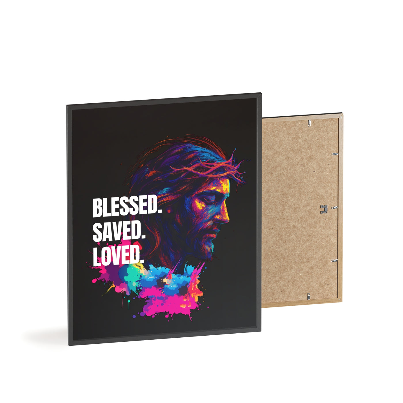 Inspirational Jesus Wall Art - 'Blessed, Saved, Loved' Poster with Wooden Frame 