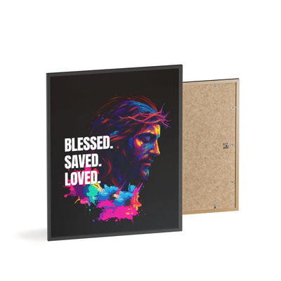 Inspirational Jesus Wall Art - 'Blessed, Saved, Loved' Poster with Wooden Frame 