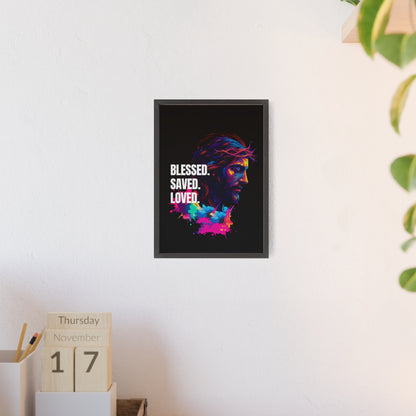 Inspirational Jesus Wall Art - 'Blessed, Saved, Loved' Poster with Wooden Frame 