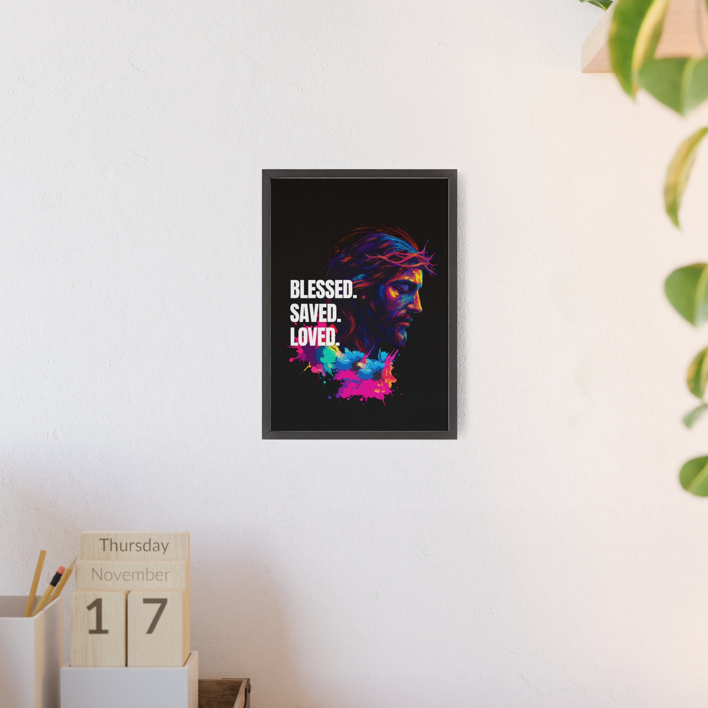 Inspirational Jesus Wall Art - 'Blessed, Saved, Loved' Poster with Wooden Frame 