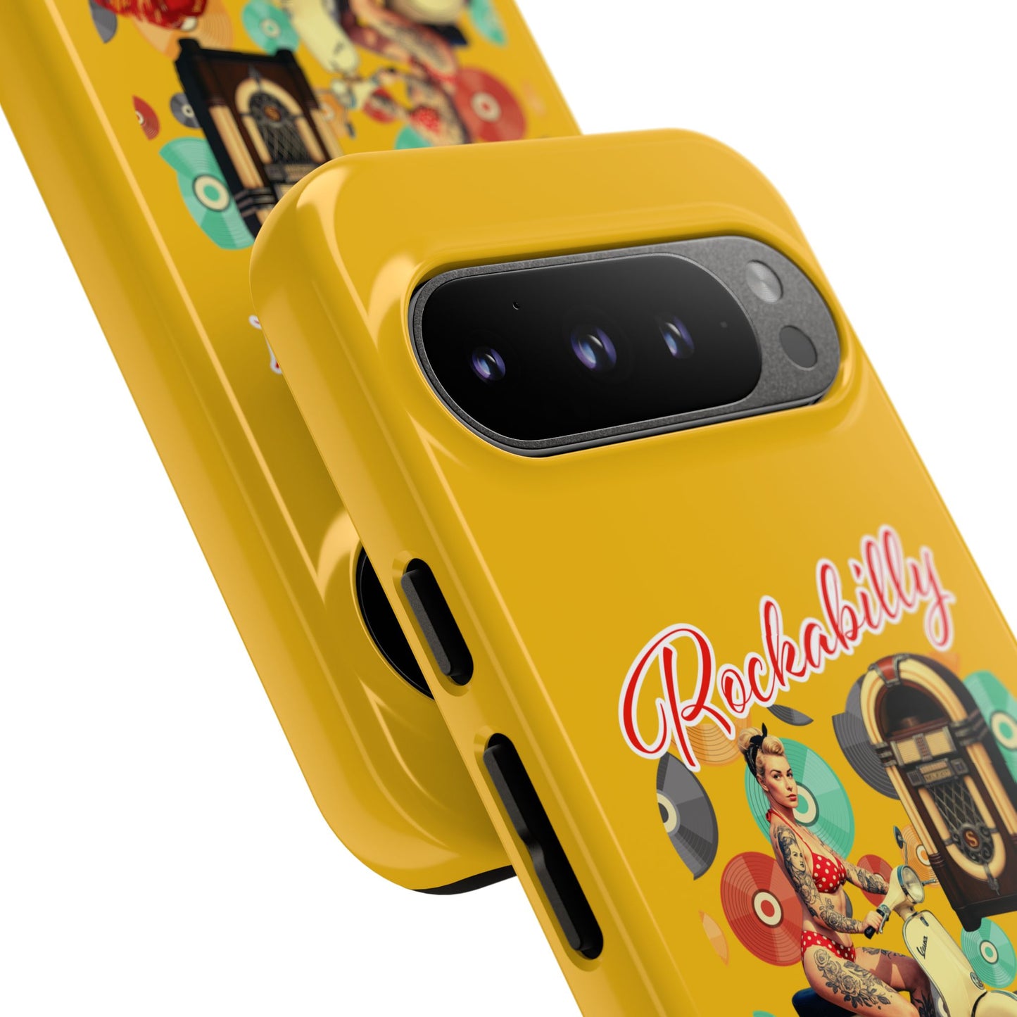 Rockabilly Phone Case, Vintage Scooter Design, Retro Style Cover, Fun Gift for Music Lovers, Yellow Tough Cases