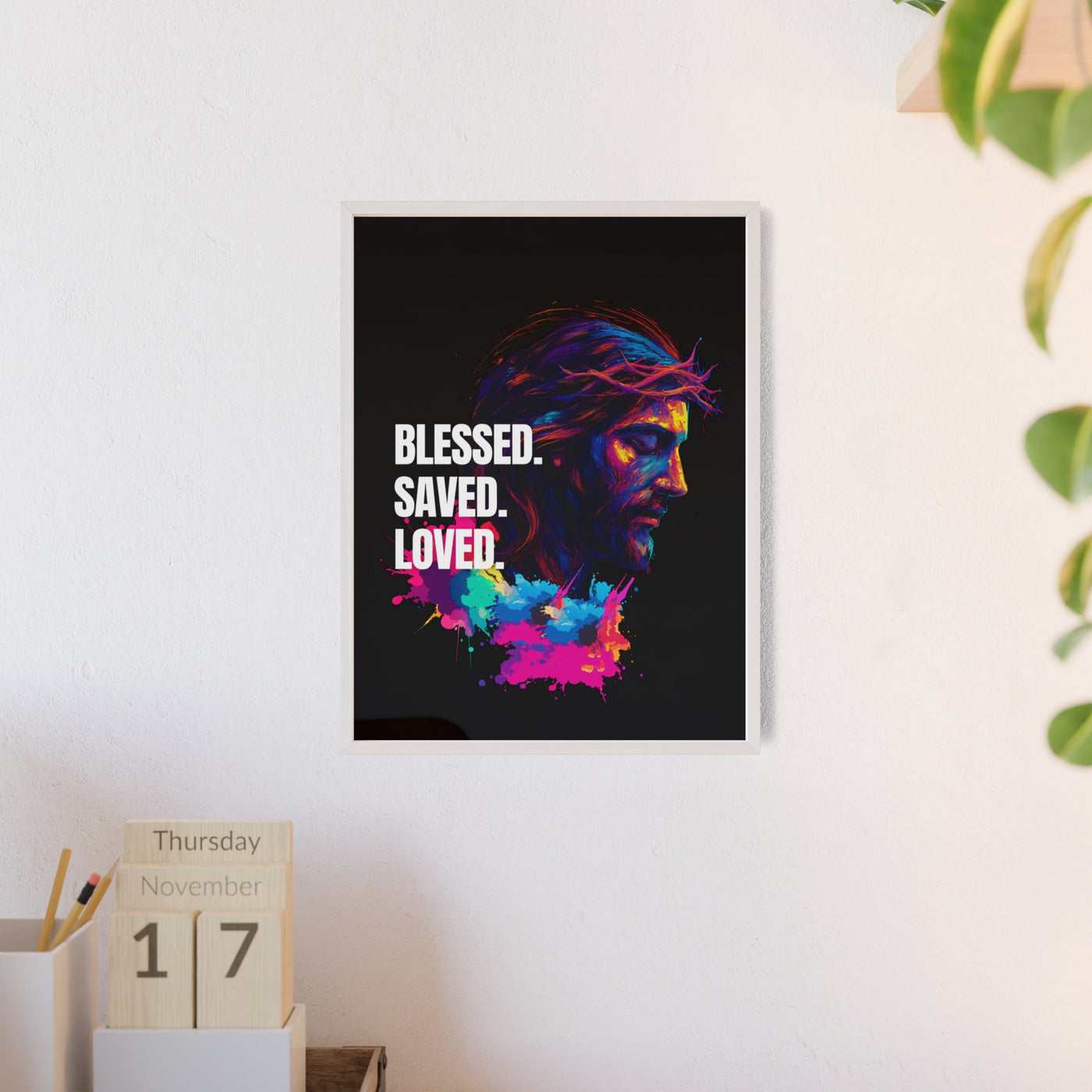 Inspirational Jesus Wall Art - 'Blessed, Saved, Loved' Poster with Wooden Frame 