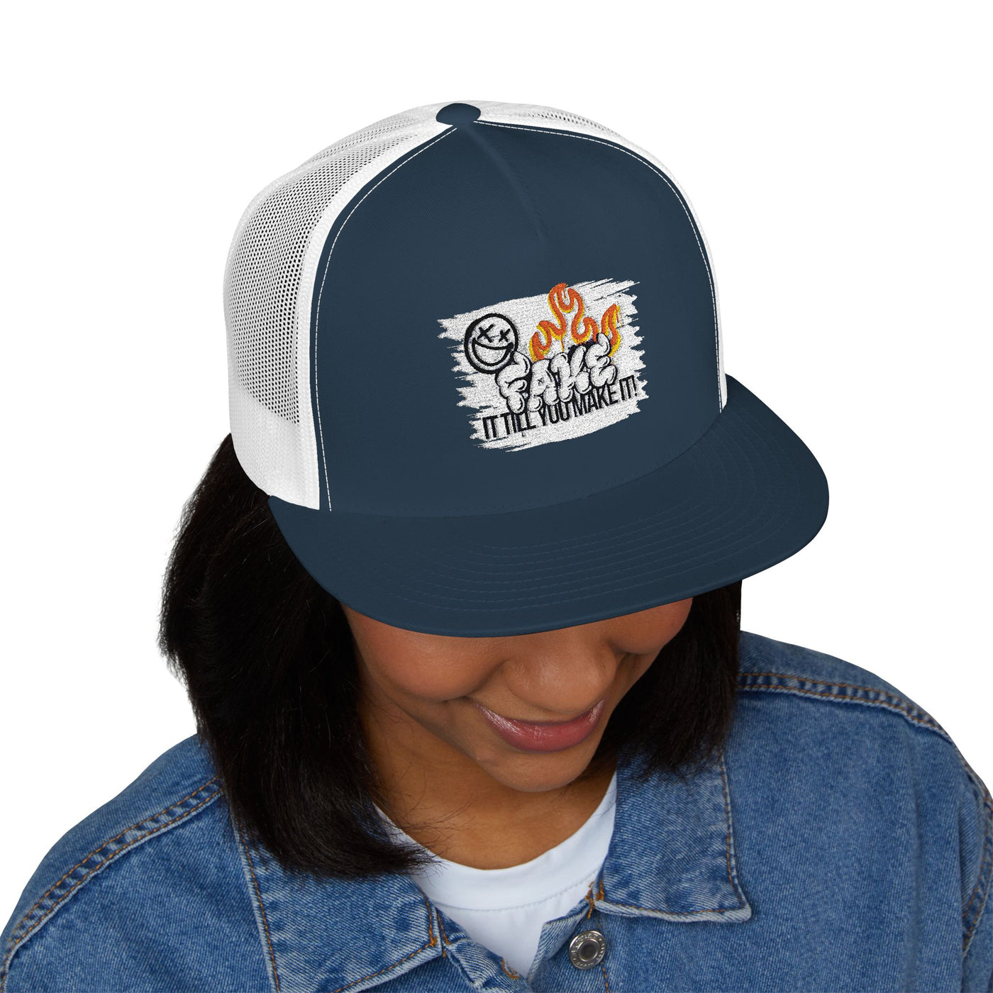 Embroidered 5 Panel Trucker Cap - Fake it til you make it