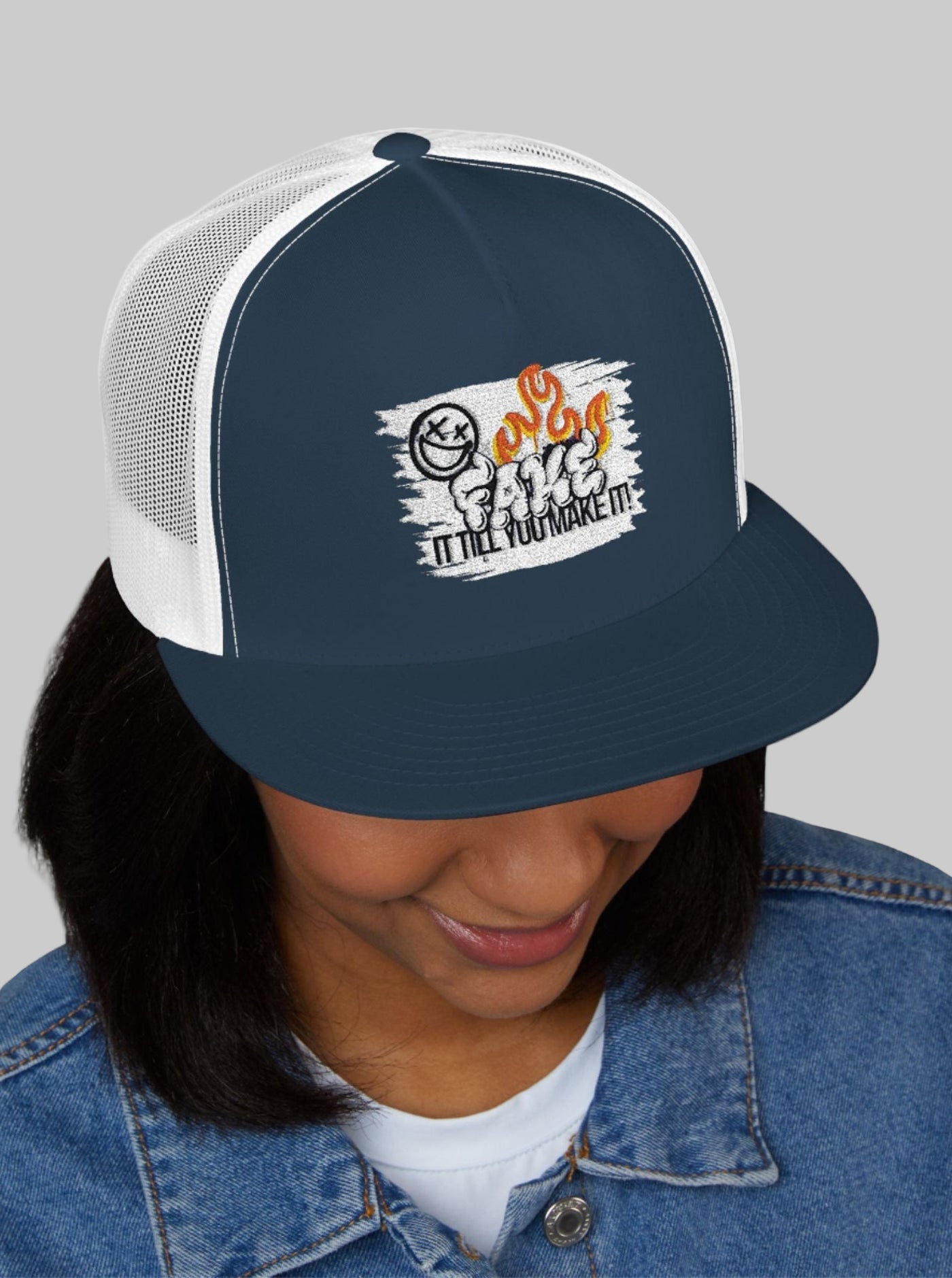 Embroidered 5 Panel Trucker Cap - Fake it til you make it