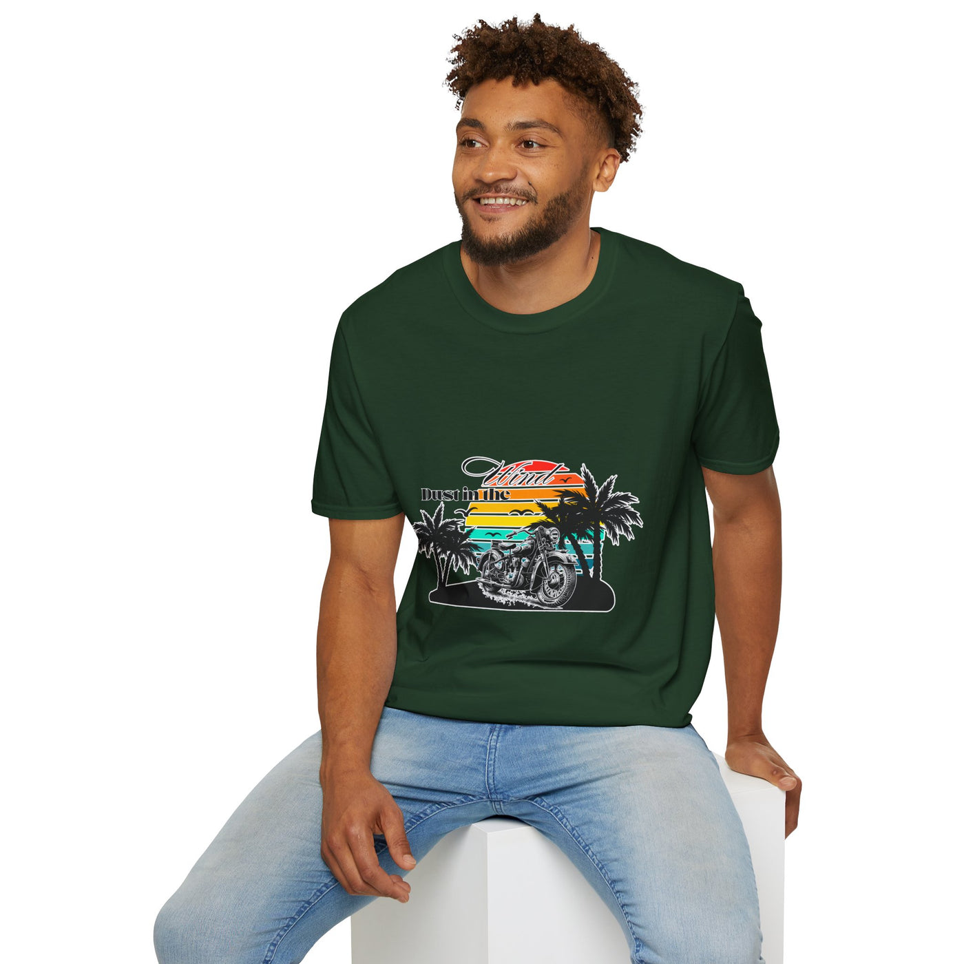 Dust in the Wind Unisex Jersey Tee – Retro Motorcycle & Palm Trees Design