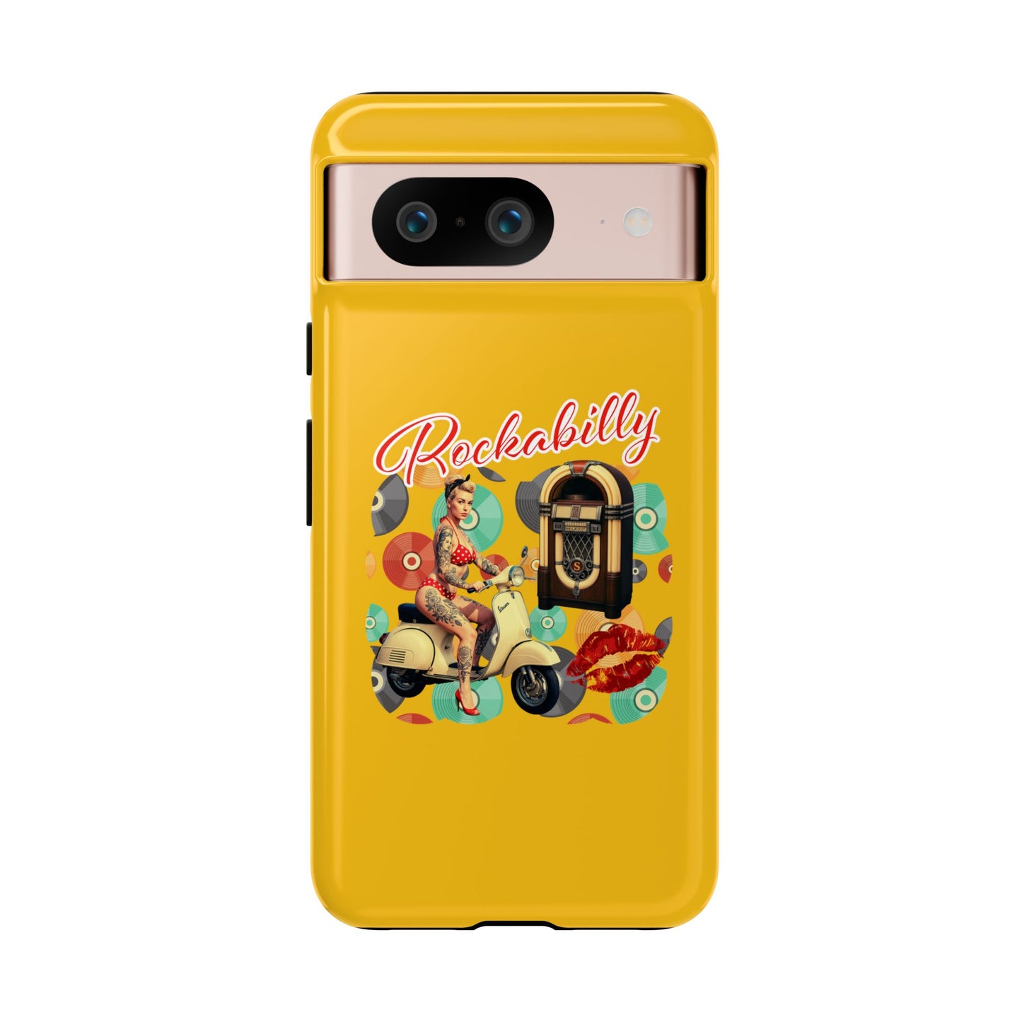 Rockabilly Phone Case, Vintage Scooter Design, Retro Style Cover, Fun Gift for Music Lovers, Yellow Tough Cases