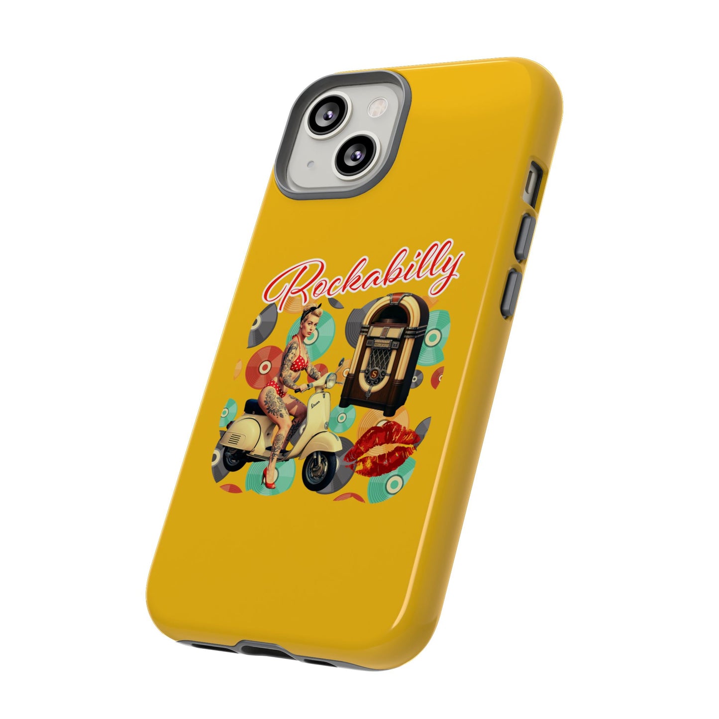 Rockabilly Phone Case, Vintage Scooter Design, Retro Style Cover, Fun Gift for Music Lovers, Yellow Tough Cases