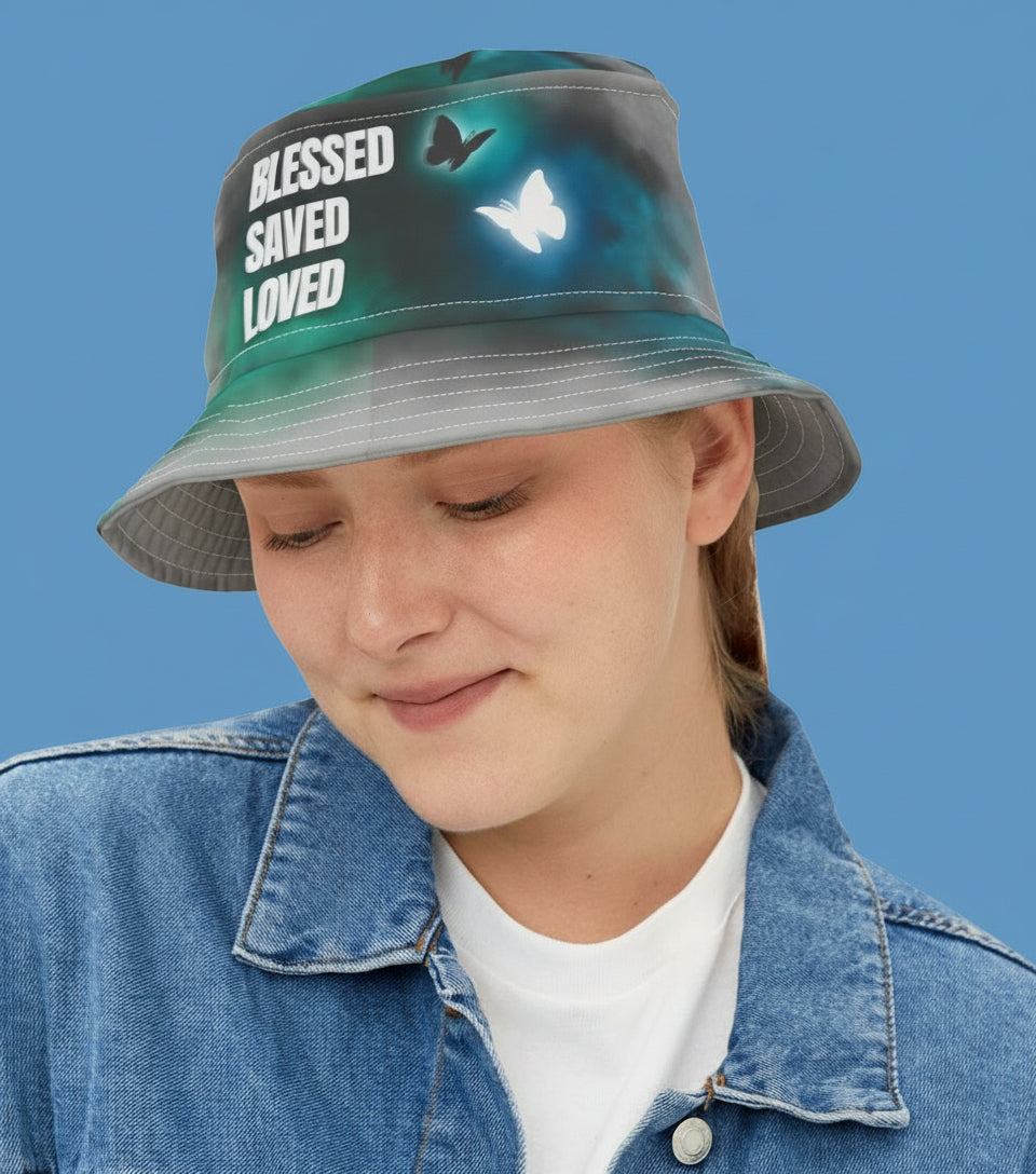 Blessed Saved Loved - Christian - Christlich - Jesus - Gott Hat- Fischerhut