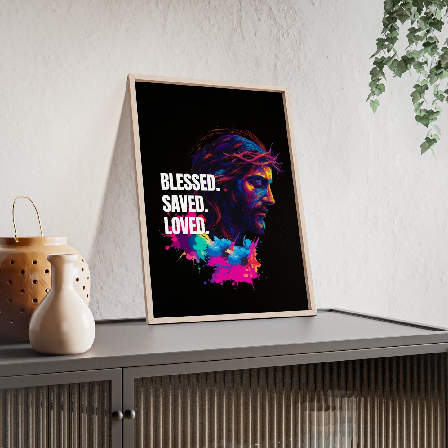 Inspirational Jesus Wall Art - 'Blessed, Saved, Loved' Poster with Wooden Frame 