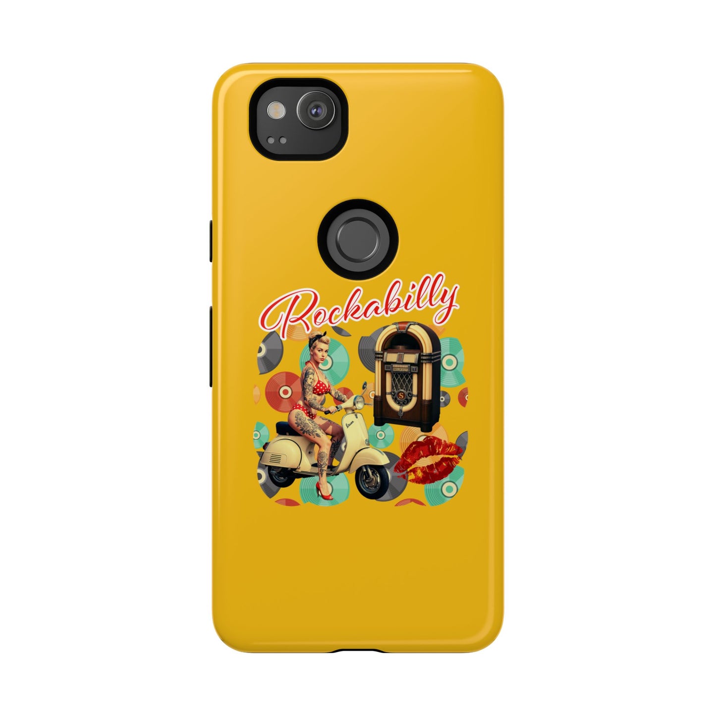 Rockabilly Phone Case, Vintage Scooter Design, Retro Style Cover, Fun Gift for Music Lovers, Yellow Tough Cases