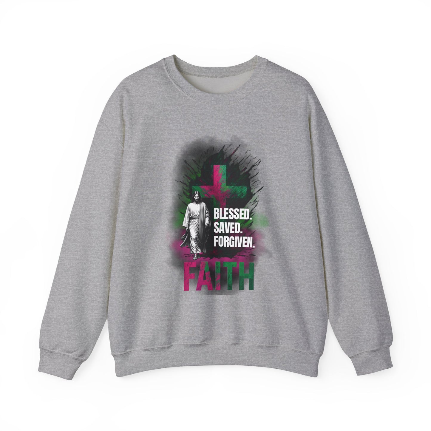 Jesus mit Faith und Spruch Blessed -Saved -Forgiven Sweatshirt
