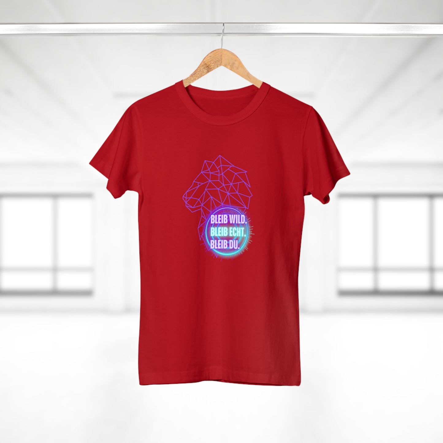 Women's Inspirational Lion T-Shirt - 'Bleib-Wild, Bleib-Echt, Bleib-Du' Design