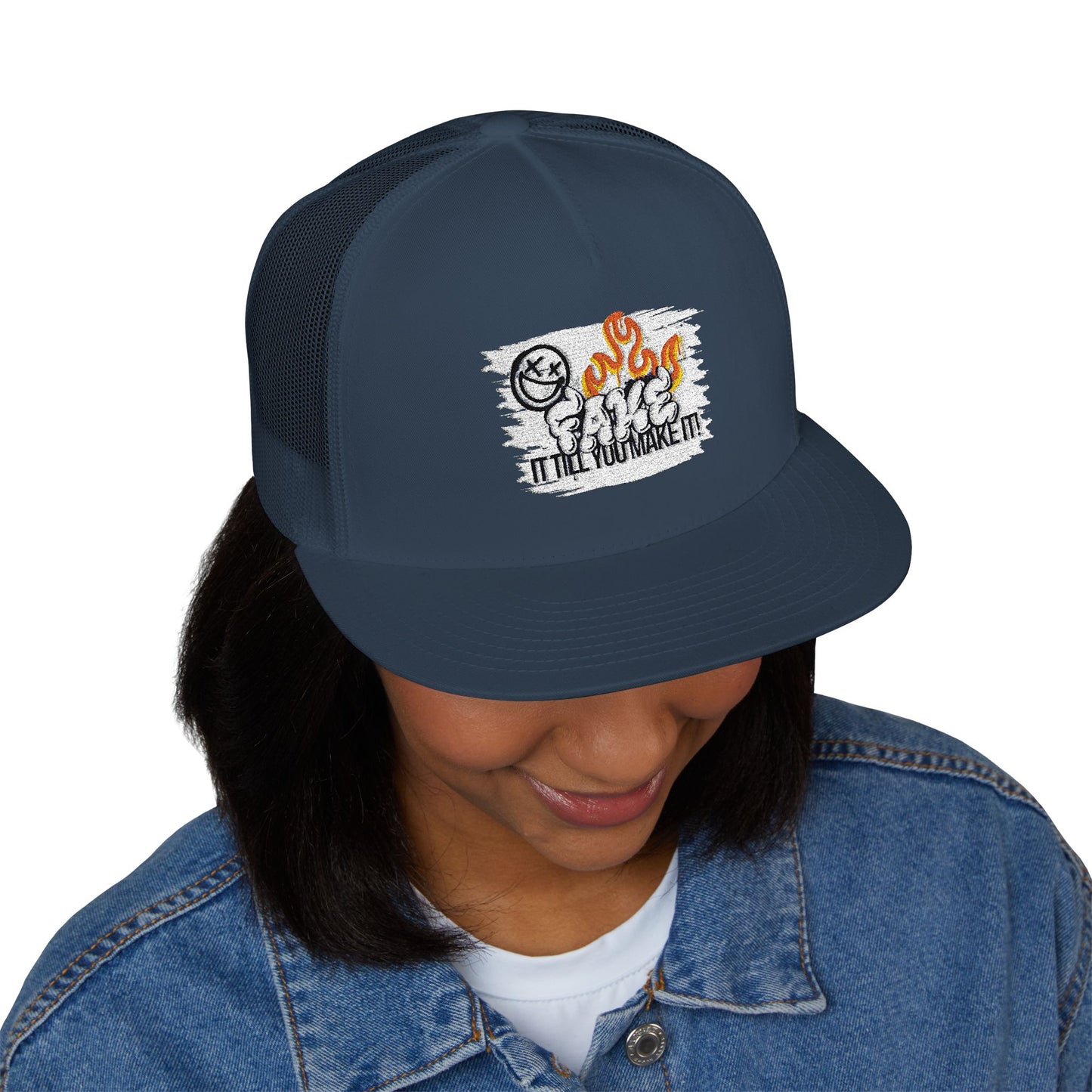 Embroidered 5 Panel Trucker Cap - Fake it til you make it