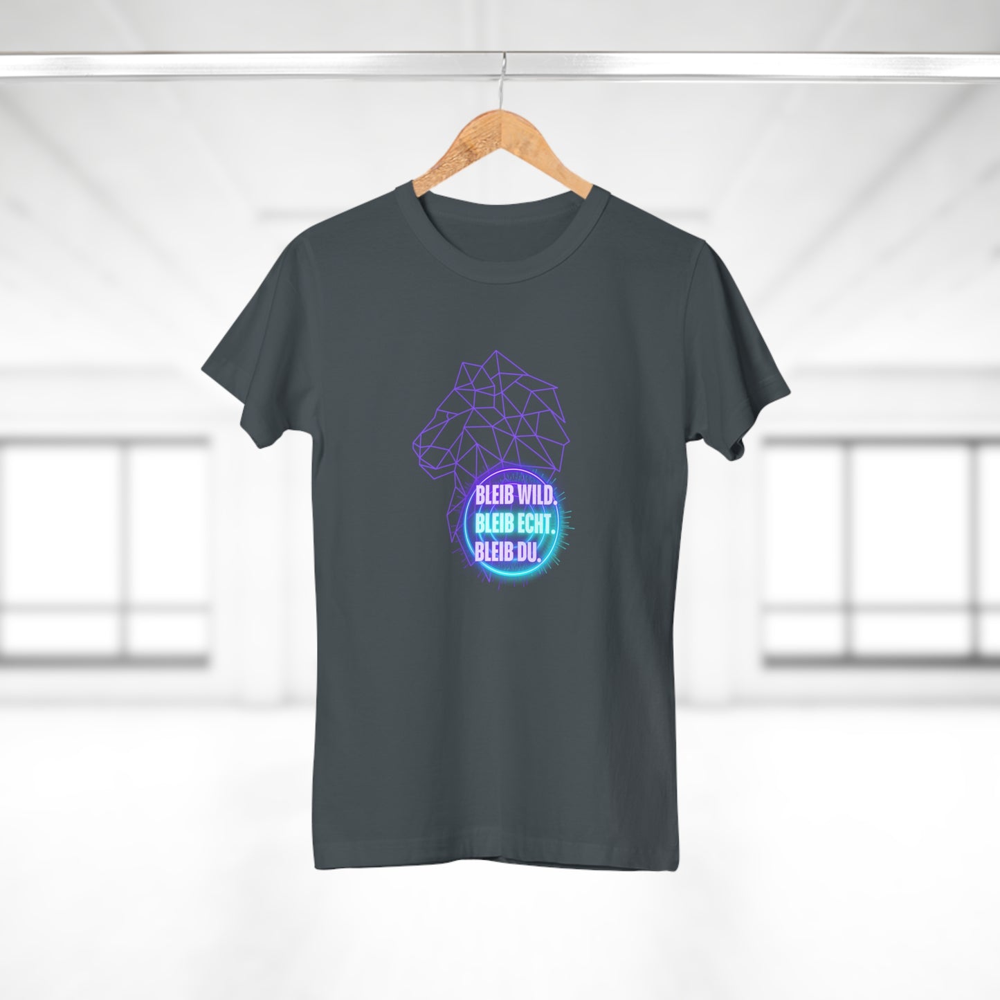 Women's Inspirational Lion T-Shirt - 'Bleib-Wild, Bleib-Echt, Bleib-Du' Design