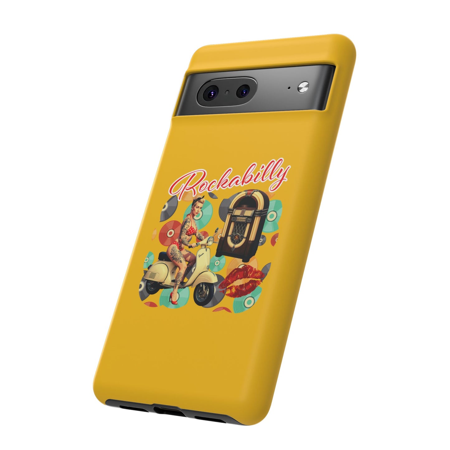 Rockabilly Phone Case, Vintage Scooter Design, Retro Style Cover, Fun Gift for Music Lovers, Yellow Tough Cases