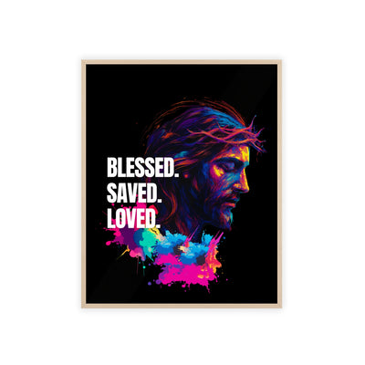Inspirational Jesus Wall Art - 'Blessed, Saved, Loved' Poster with Wooden Frame 