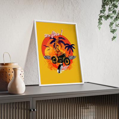 Vibrant Motorcycle Poster with Wooden Frame | Retro Wall Art for Bikers