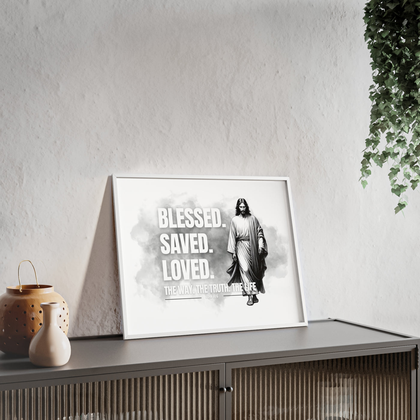 Inspirational Jesus Wall Art - Blessed, Saved, Loved - Framed Poster