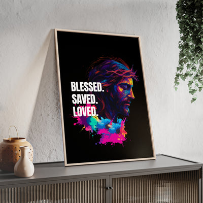 Inspirational Jesus Wall Art - 'Blessed, Saved, Loved' Poster with Wooden Frame 
