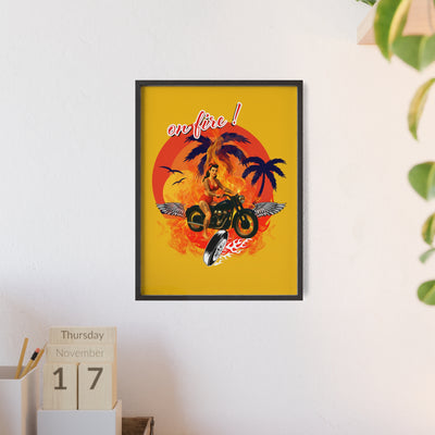 Vibrant Motorcycle Poster with Wooden Frame | Retro Wall Art for Bikers