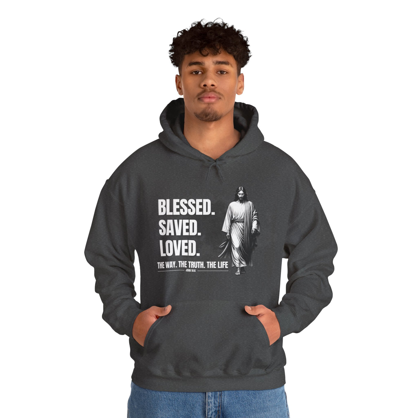Blessed, Saved, Loved Hoodie - Unisex Heavy Blend Sweatshirt for Comfort and Faith Jesus