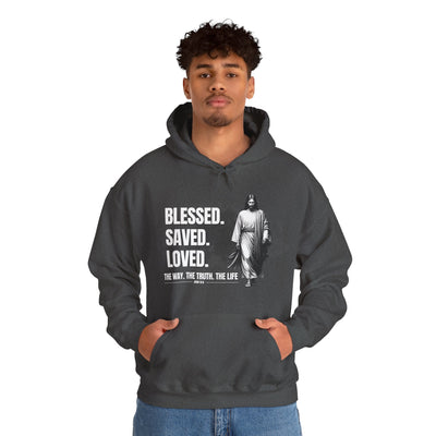 Blessed, Saved, Loved Hoodie - Unisex Heavy Blend Sweatshirt for Comfort and Faith Jesus