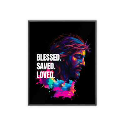 Inspirational Jesus Wall Art - 'Blessed, Saved, Loved' Poster with Wooden Frame 
