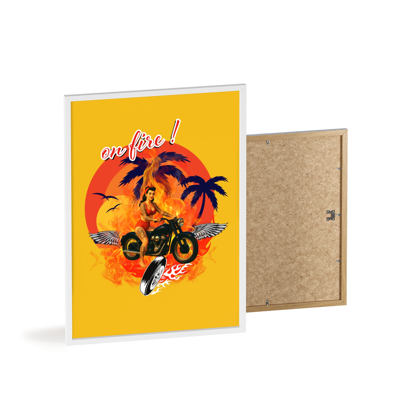 Vibrant Motorcycle Poster with Wooden Frame | Retro Wall Art for Bikers