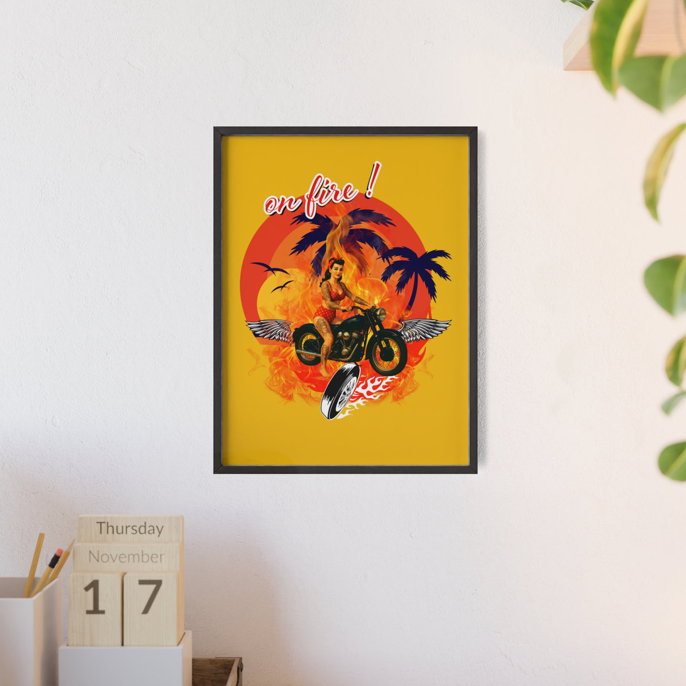 Vibrant Motorcycle Poster with Wooden Frame | Retro Wall Art for Bikers