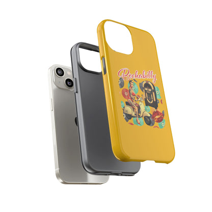 Rockabilly Phone Case, Vintage Scooter Design, Retro Style Cover, Fun Gift for Music Lovers, Yellow Tough Cases