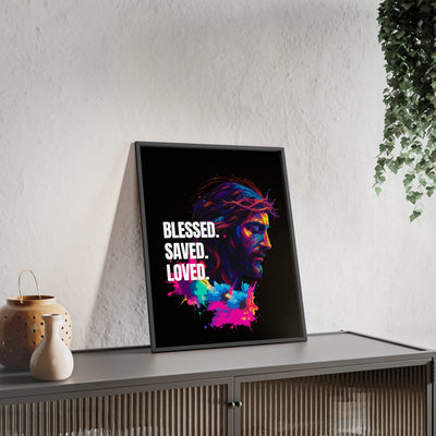 Inspirational Jesus Wall Art - 'Blessed, Saved, Loved' Poster with Wooden Frame 