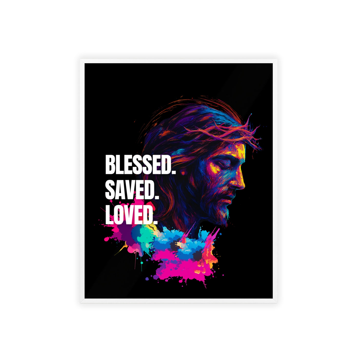 Inspirational Jesus Wall Art - 'Blessed, Saved, Loved' Poster with Wooden Frame 