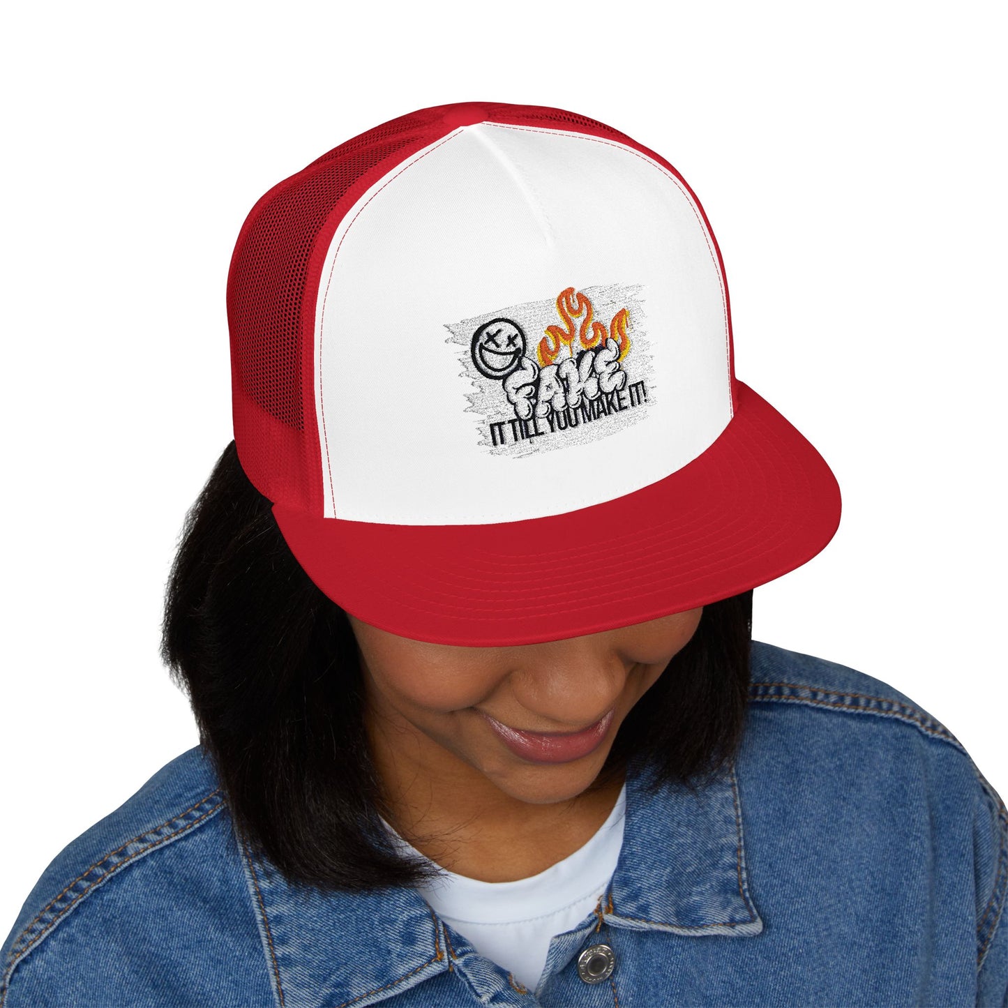 Embroidered 5 Panel Trucker Cap - Fake it til you make it